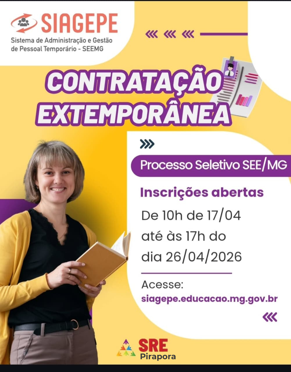 SRE Pirapora divulga abertura de inscrições para contratação extemporânea pela SEE/MG