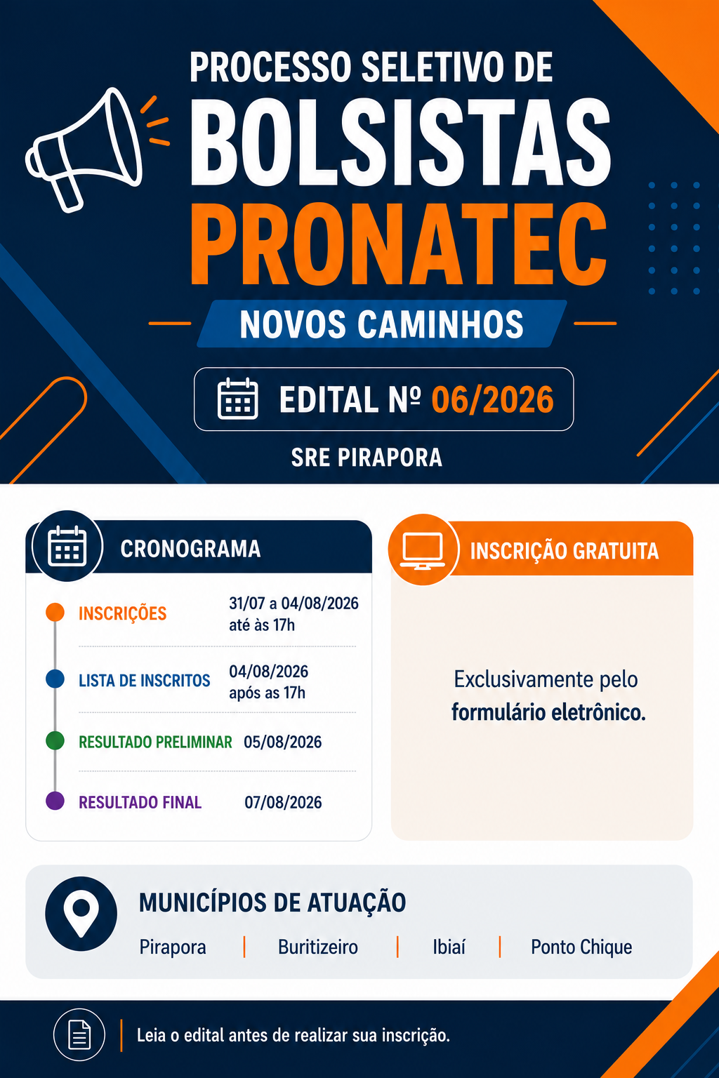 SRE Pirapora publica Edital nº 06/2026 para seleção de bolsistas do PRONATEC Novos Caminhos