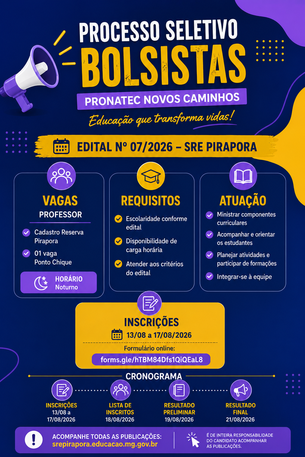 SRE Pirapora publica Edital nº 07/2026 para seleção de bolsistas do PRONATEC Novos Caminhos