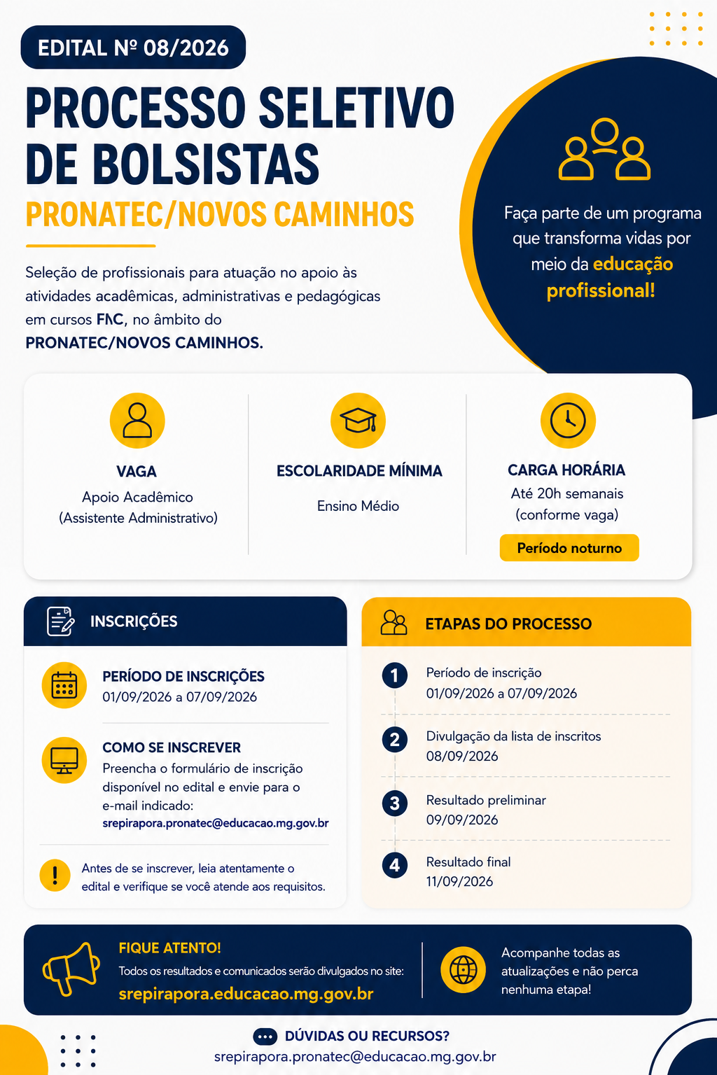PRONATEC Novos Caminhos: Inscrições Abertas para o Processo Seletivo de Bolsistas – Edital Nº 08/2026